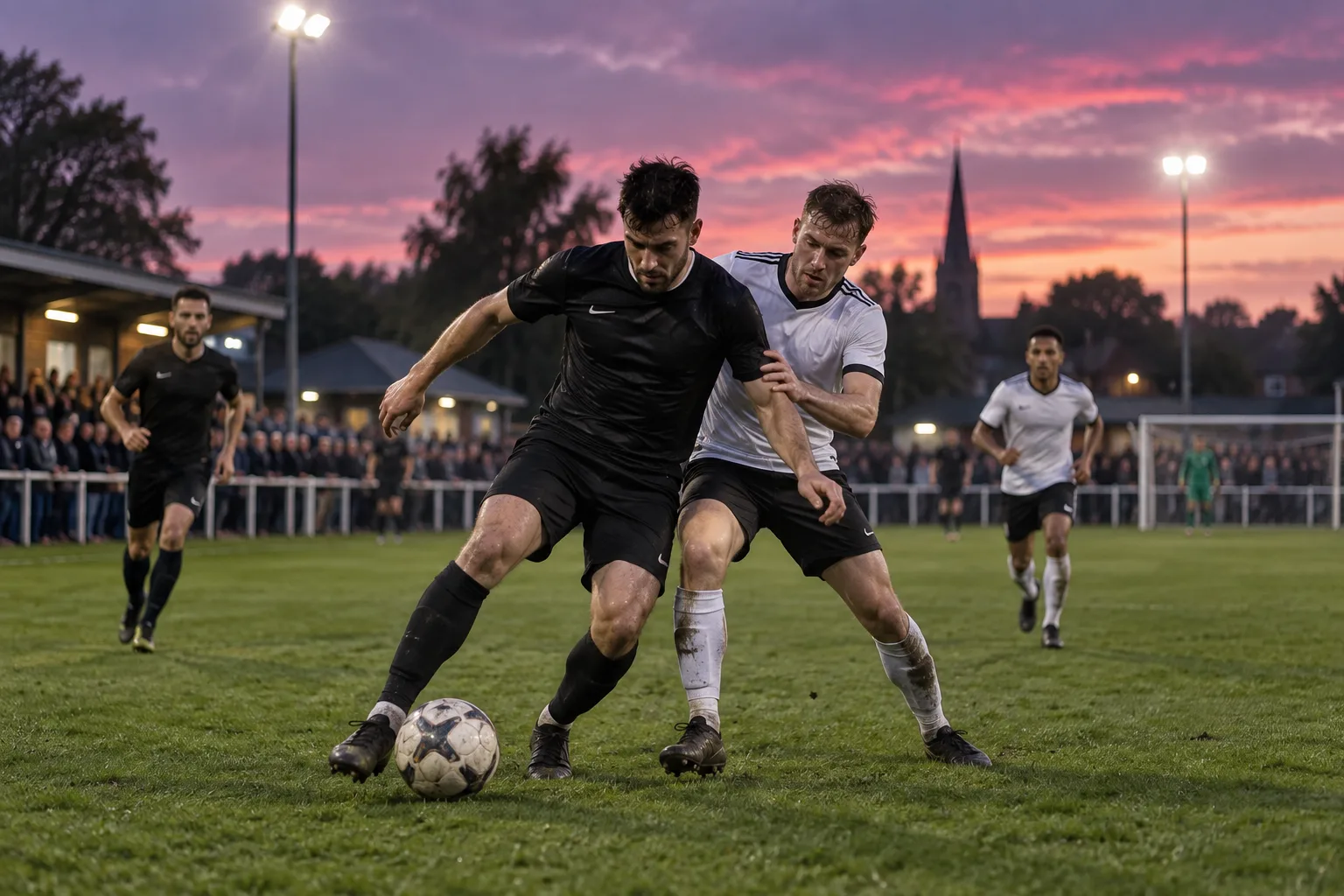 Fußballspiel eines Sportvereins im Flutlicht